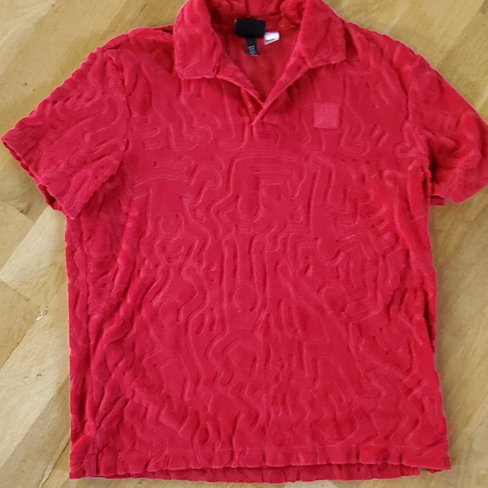 H&M x Keith Haring textured print terrycloth polo red size medium